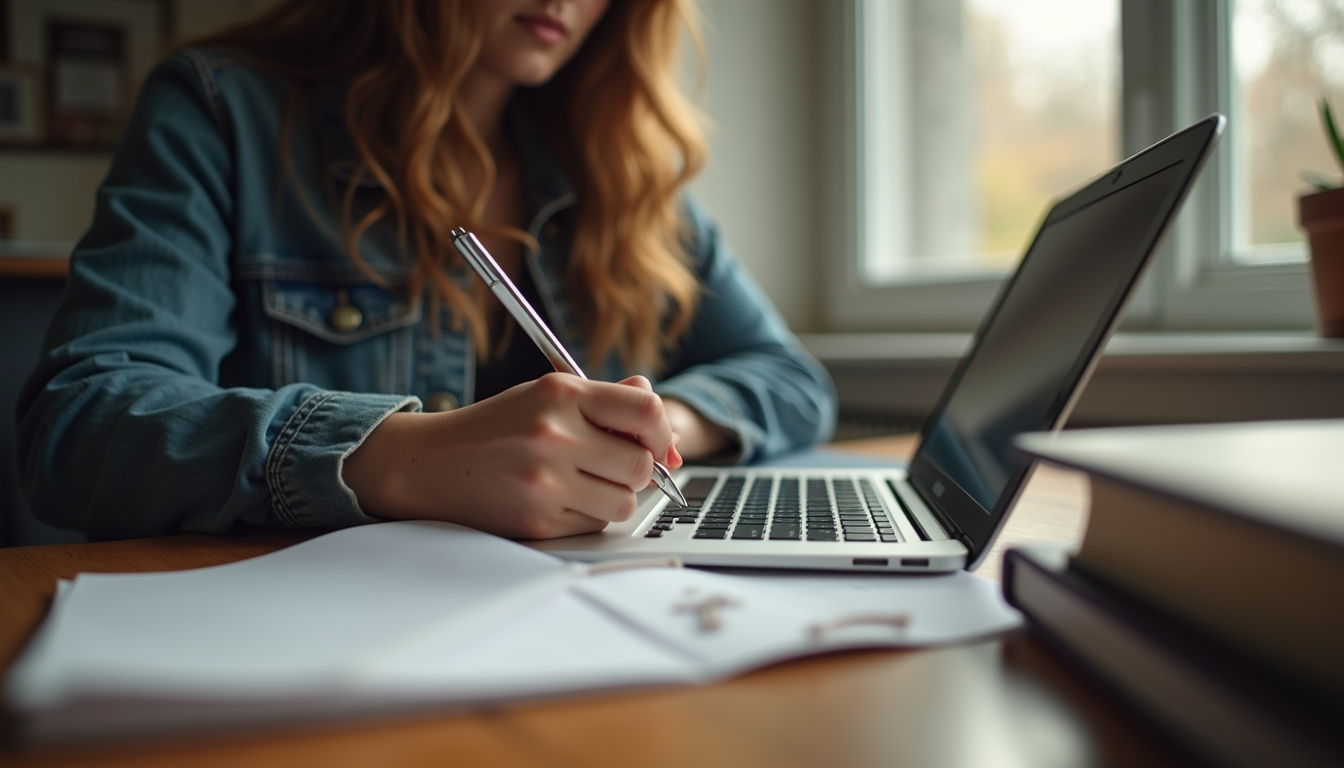 Eye-level view of a student studying with a laptop and books
